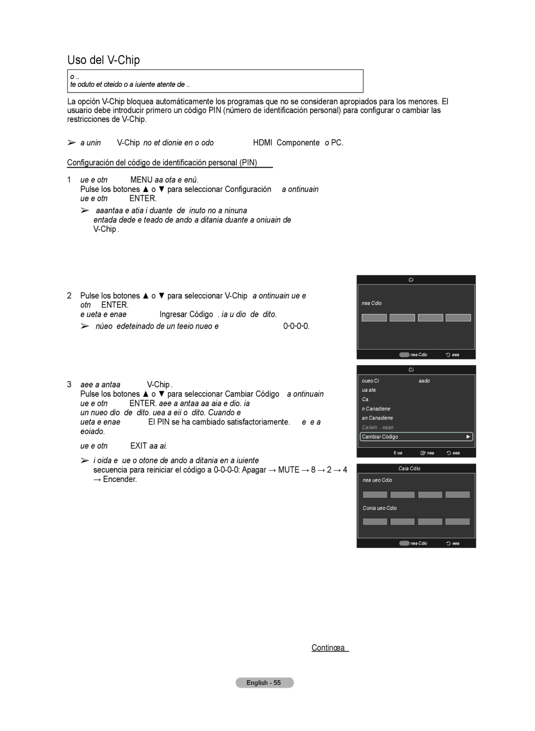 Samsung HL72A650C1F user manual Uso del V-Chip, Configuración del código de identificación personal PIN 