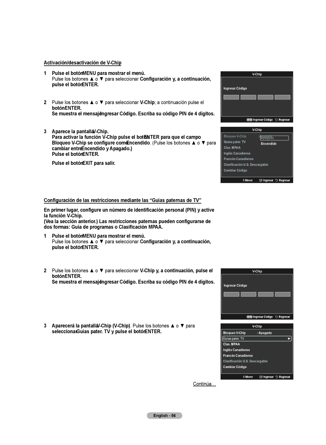 Samsung HL72A650C1F user manual Activación/desactivación de V-Chip 