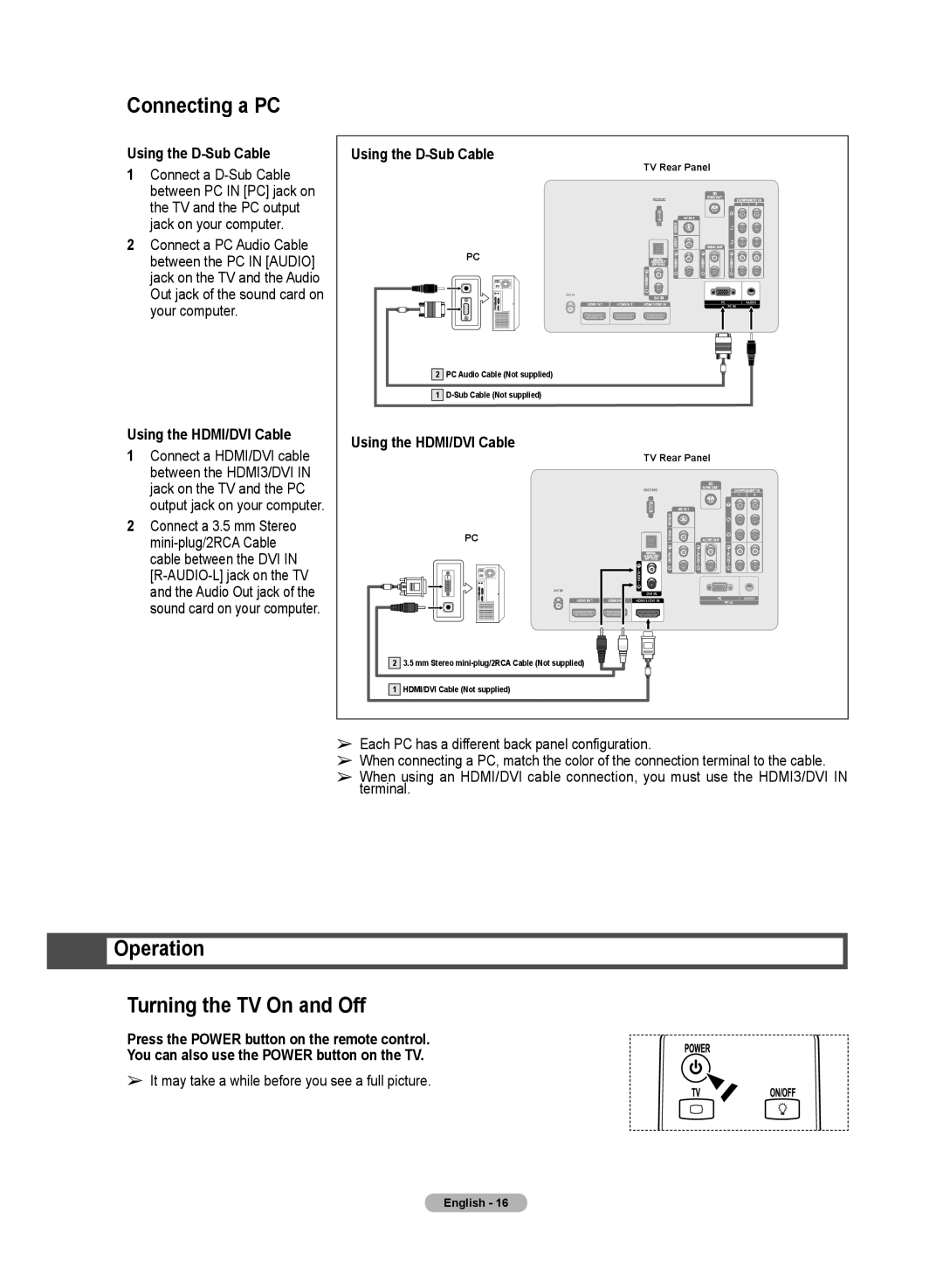 Samsung HL72A650C1F Connecting a PC, Operation Turning the TV On and Off, Using the D-Sub Cable, Using the HDMI/DVI Cable 