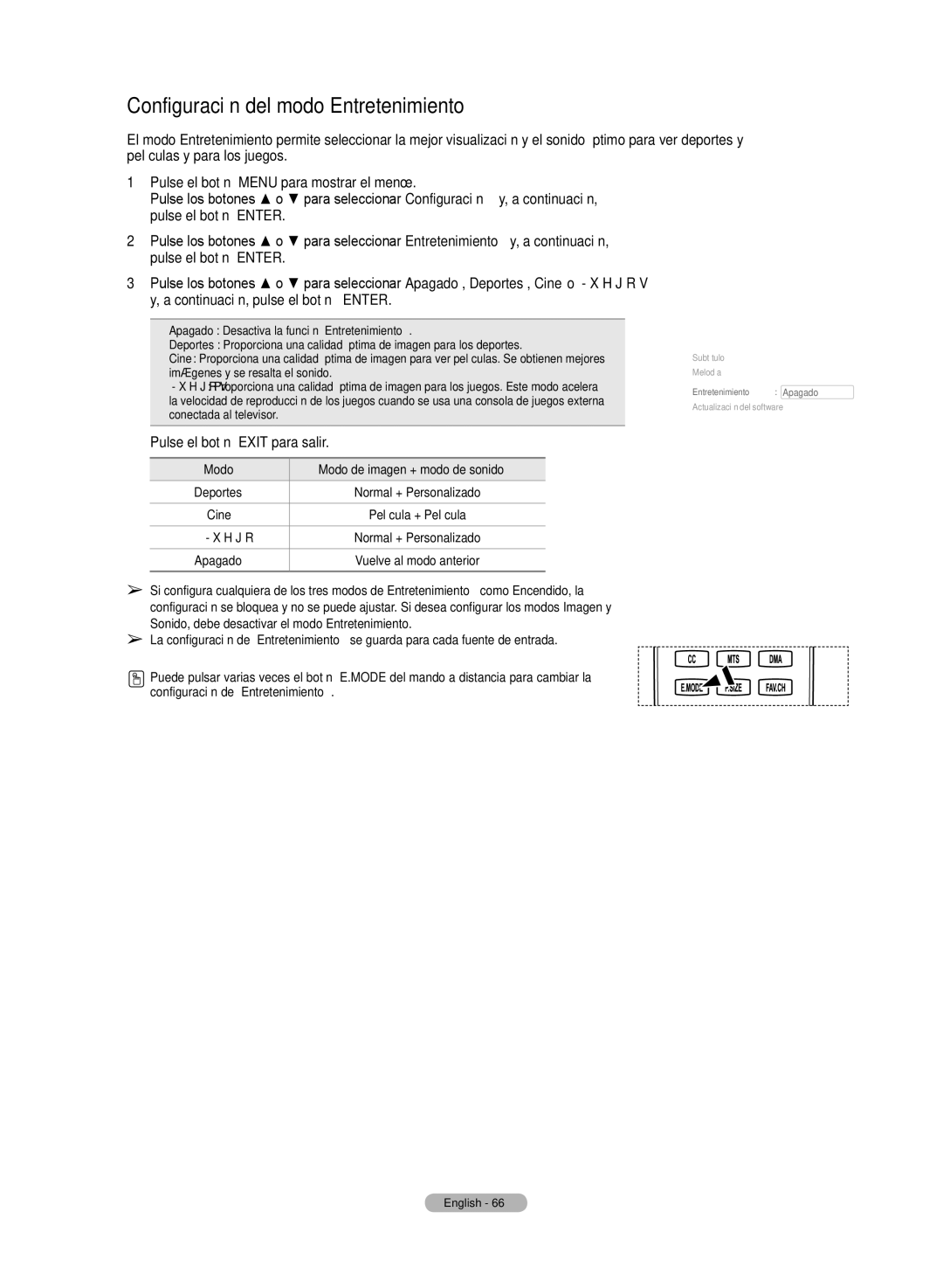 Samsung HL72A650C1F user manual Configuración del modo Entretenimiento, Modo, Entretenimiento Apagado 