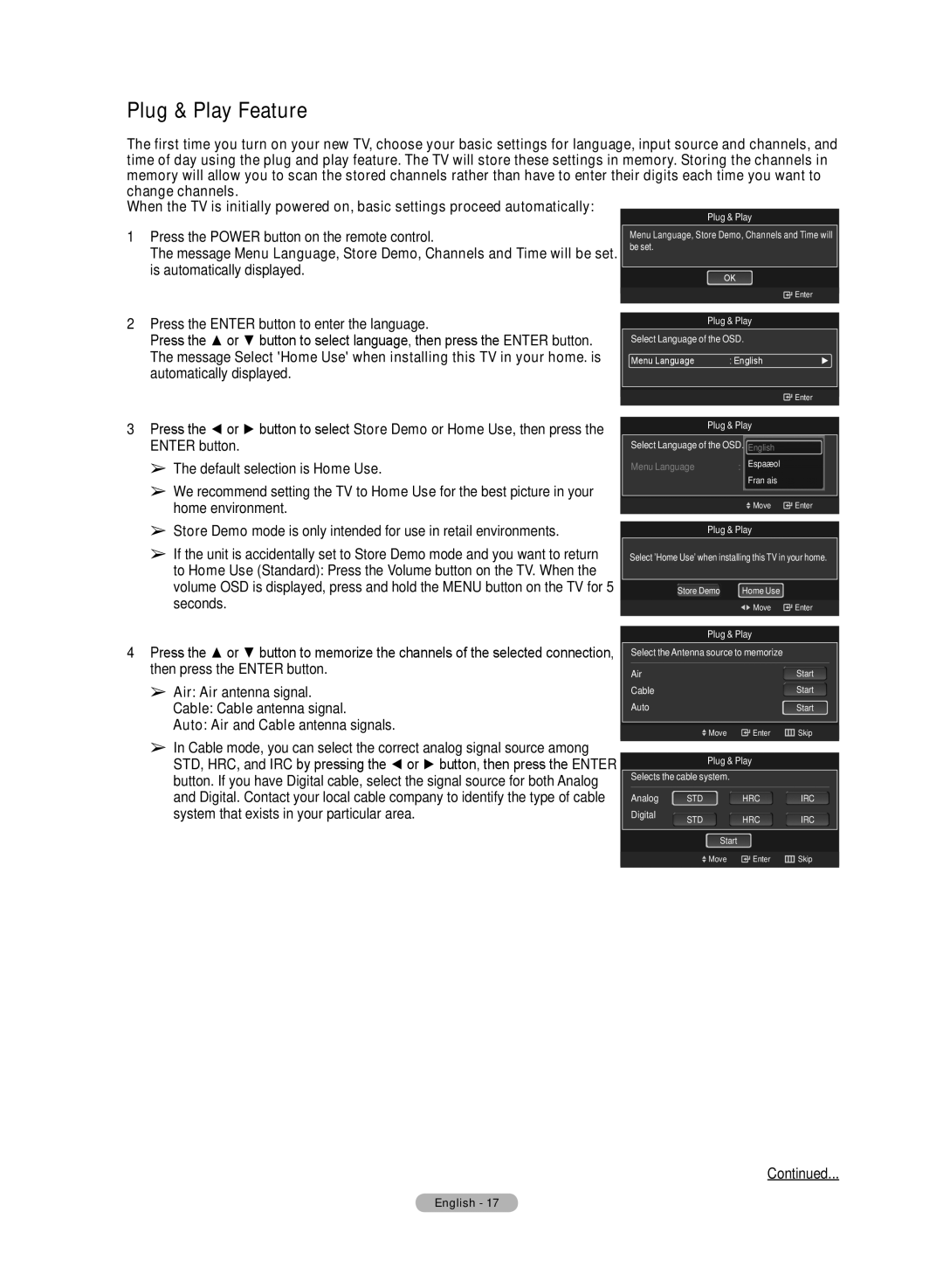 Samsung HL72A650C1F user manual Plug & Play Feature, Change channels, Press the Power button on the remote control 