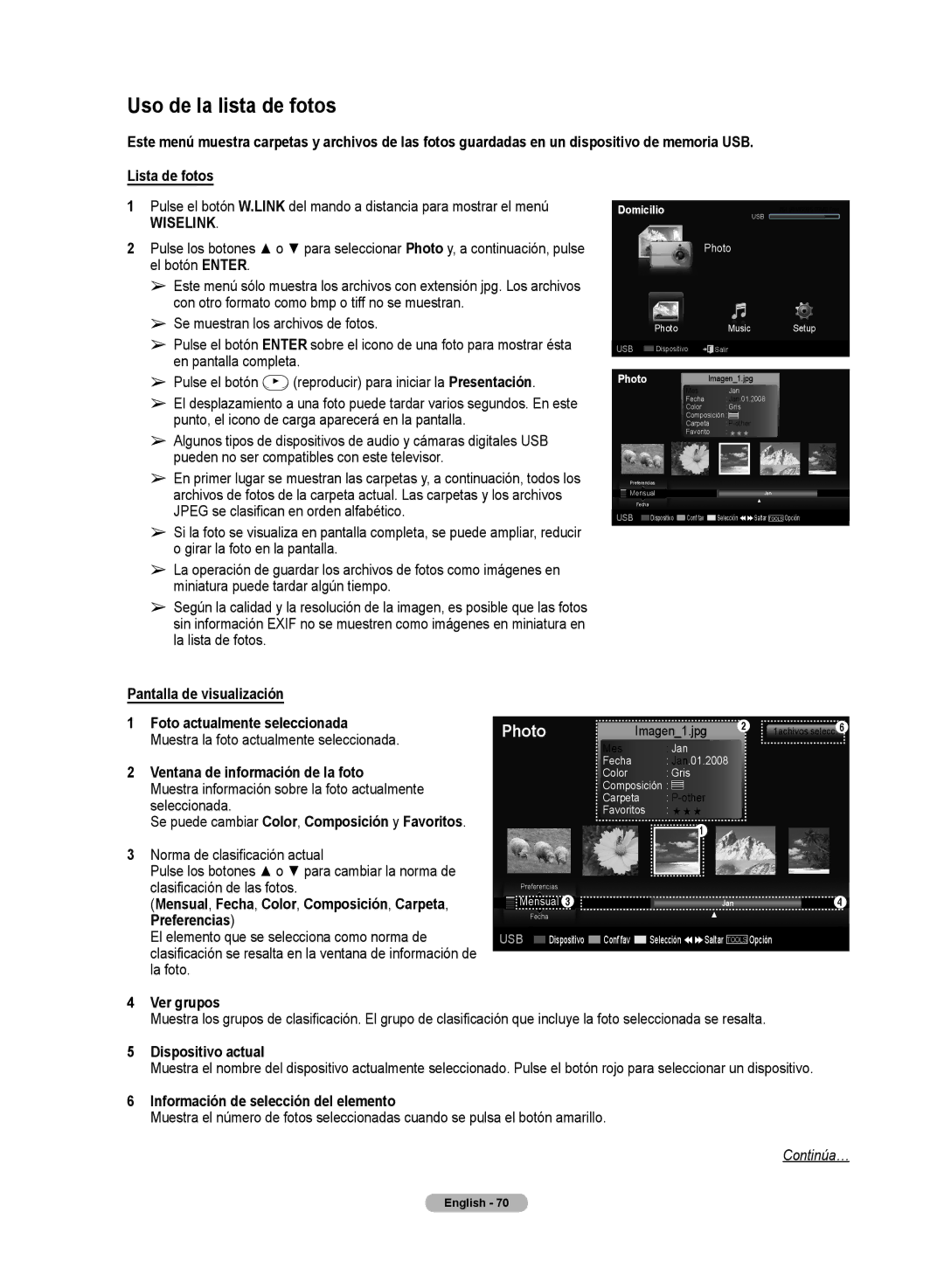 Samsung HL72A650C1F user manual Uso de la lista de fotos 