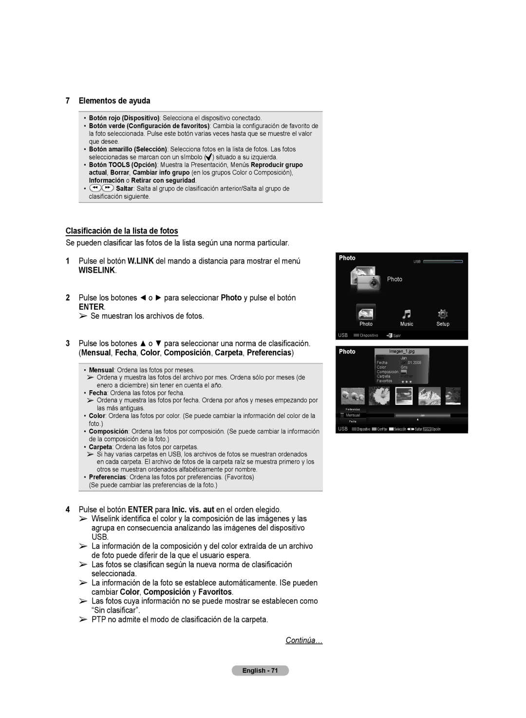 Samsung HL72A650C1F user manual Elementos de ayuda, Clasificación de la lista de fotos, Se muestran los archivos de fotos 