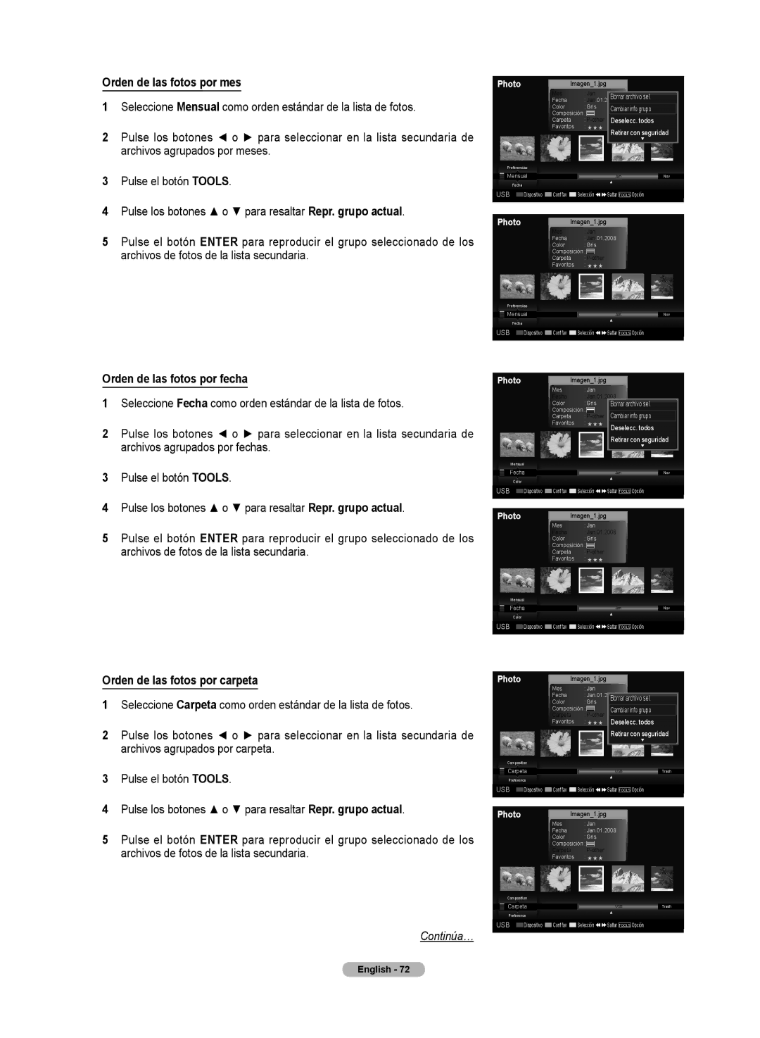 Samsung HL72A650C1F user manual Orden de las fotos por mes, Orden de las fotos por fecha, Orden de las fotos por carpeta 