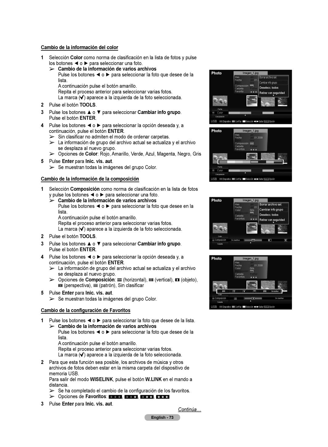 Samsung HL72A650C1F user manual Cambio de la información del color, Cambio de la información de varios archivos 