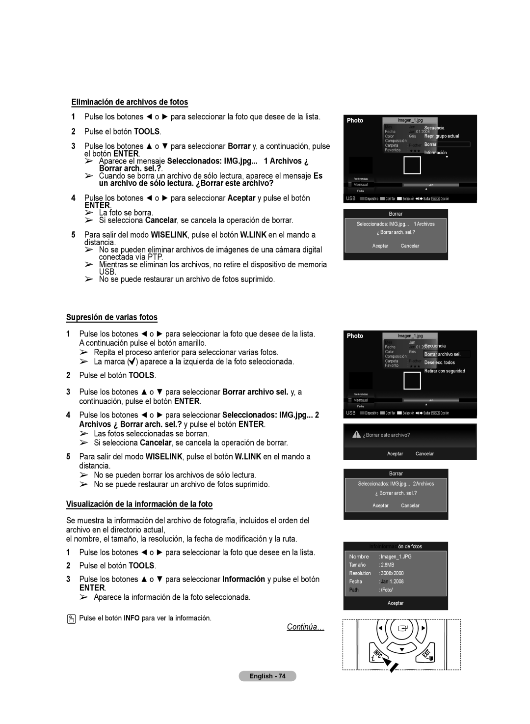 Samsung HL72A650C1F user manual Eliminación de archivos de fotos, No se puede restaurar un archivo de fotos suprimido 