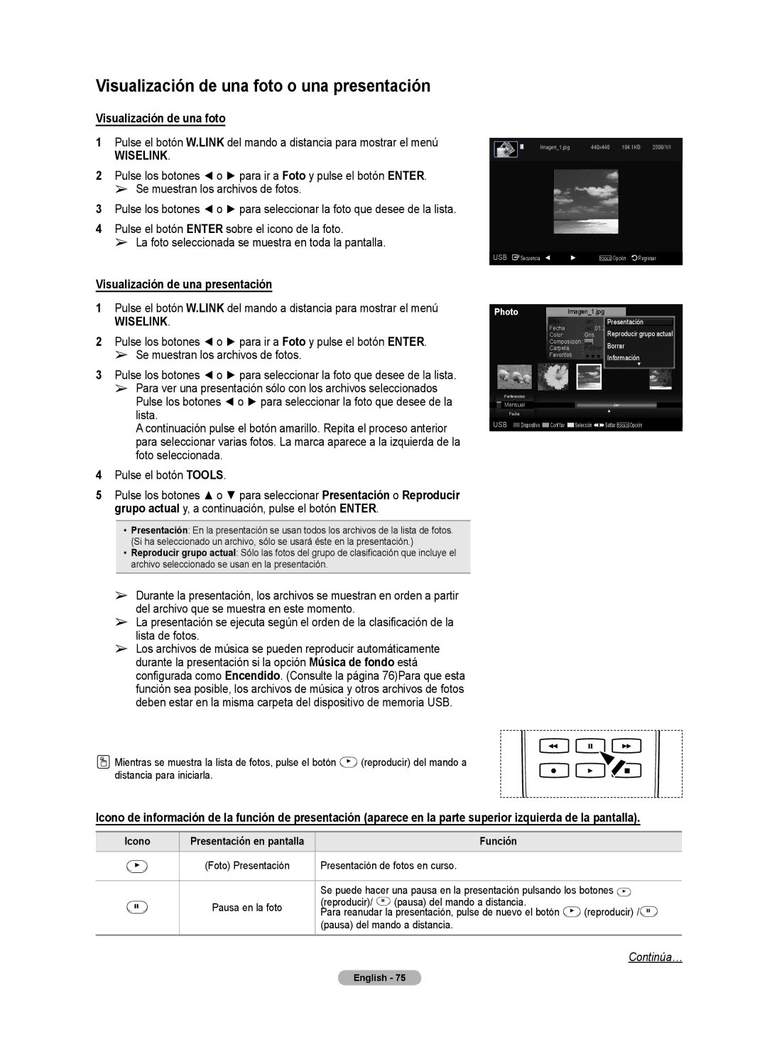 Samsung HL72A650C1F user manual Visualización de una foto o una presentación, Visualización de una presentación, Icono 