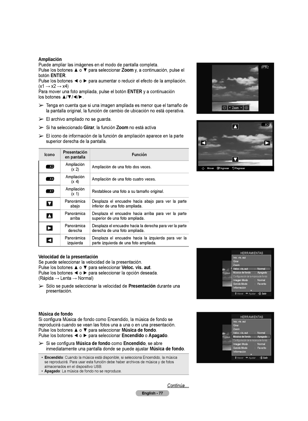 Samsung HL72A650C1F user manual Ampliación, Velocidad de la presentación, Música de fondo 