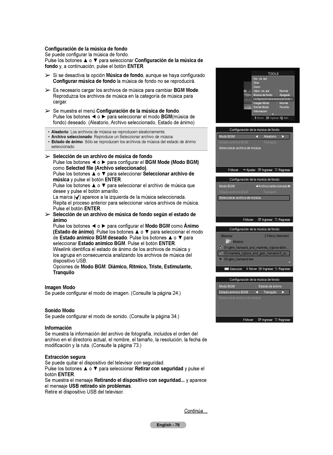 Samsung HL72A650C1F Se muestra el menú Configuración de la música de fondo, Selección de un archivo de música de fondo 