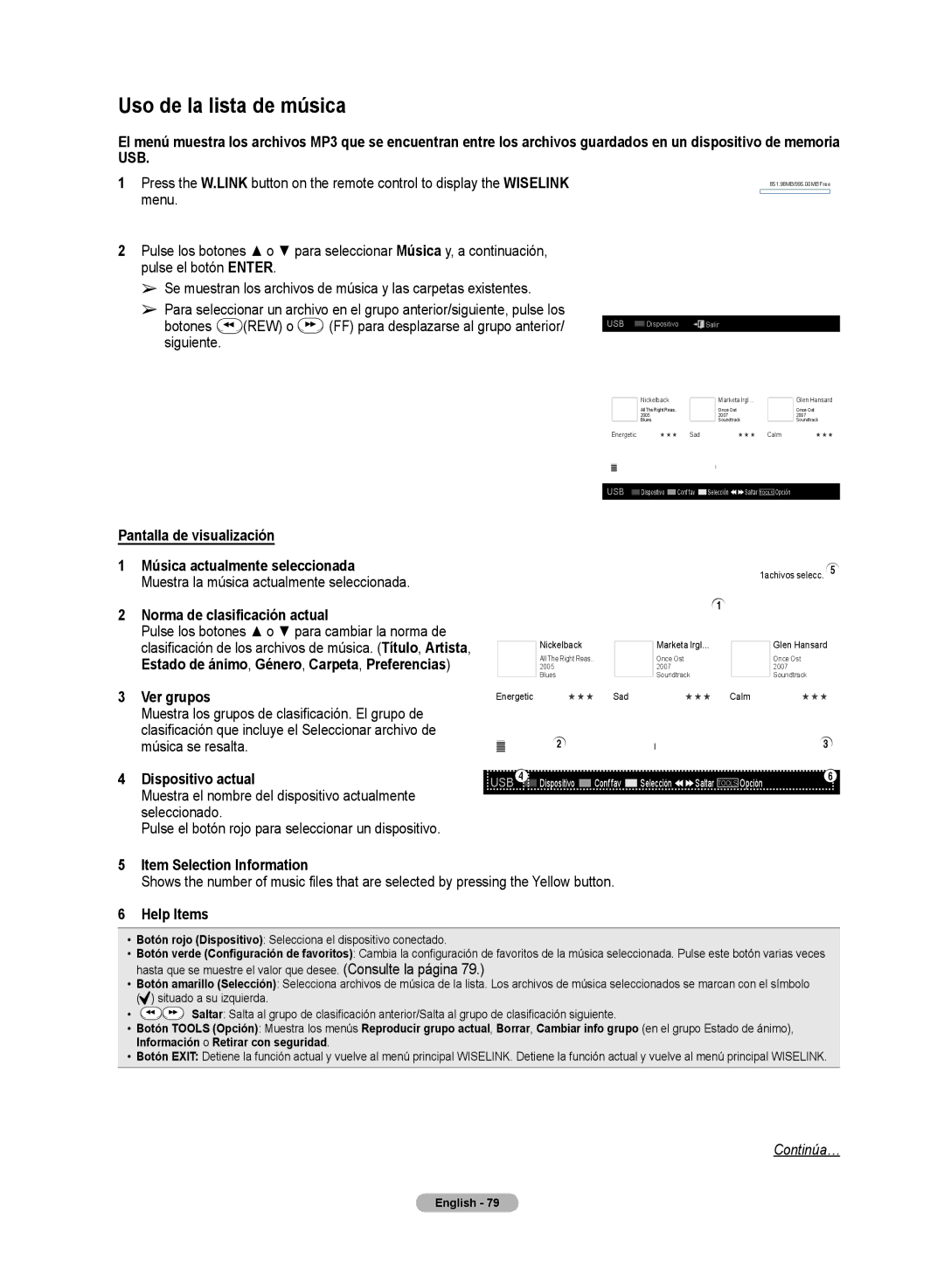 Samsung HL72A650C1F user manual Uso de la lista de música, Norma de clasificación actual 