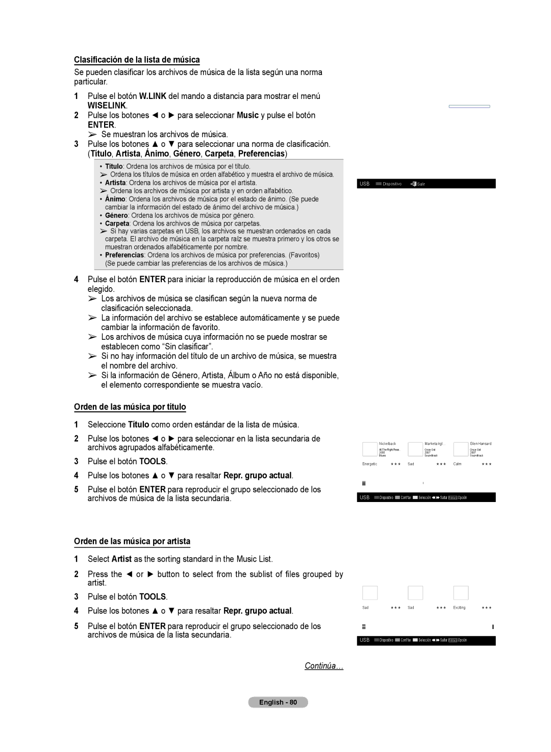 Samsung HL72A650C1F user manual Clasificación de la lista de música, Título, Artista, Ánimo, Género, Carpeta, Preferencias 