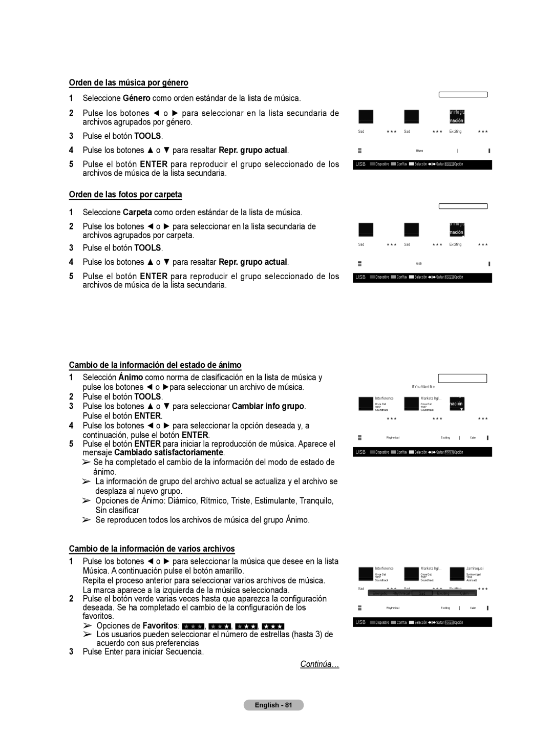 Samsung HL72A650C1F user manual Orden de las música por género, Cambio de la información del estado de ánimo 