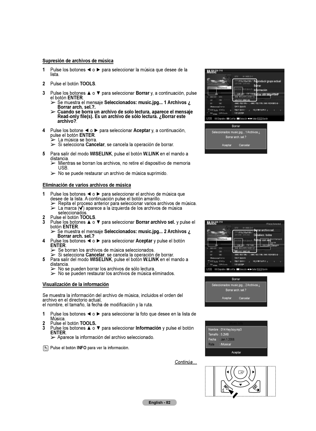 Samsung HL72A650C1F user manual Supresión de archivos de música, Eliminación de varios archivos de música 