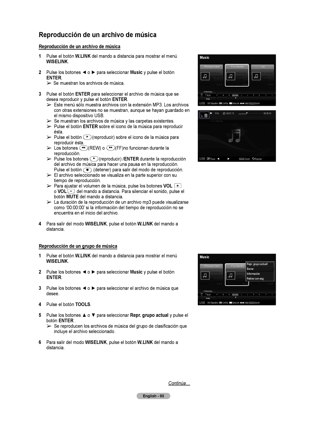 Samsung HL72A650C1F user manual Reproducción de un archivo de música, Reproducción de un grupo de música 