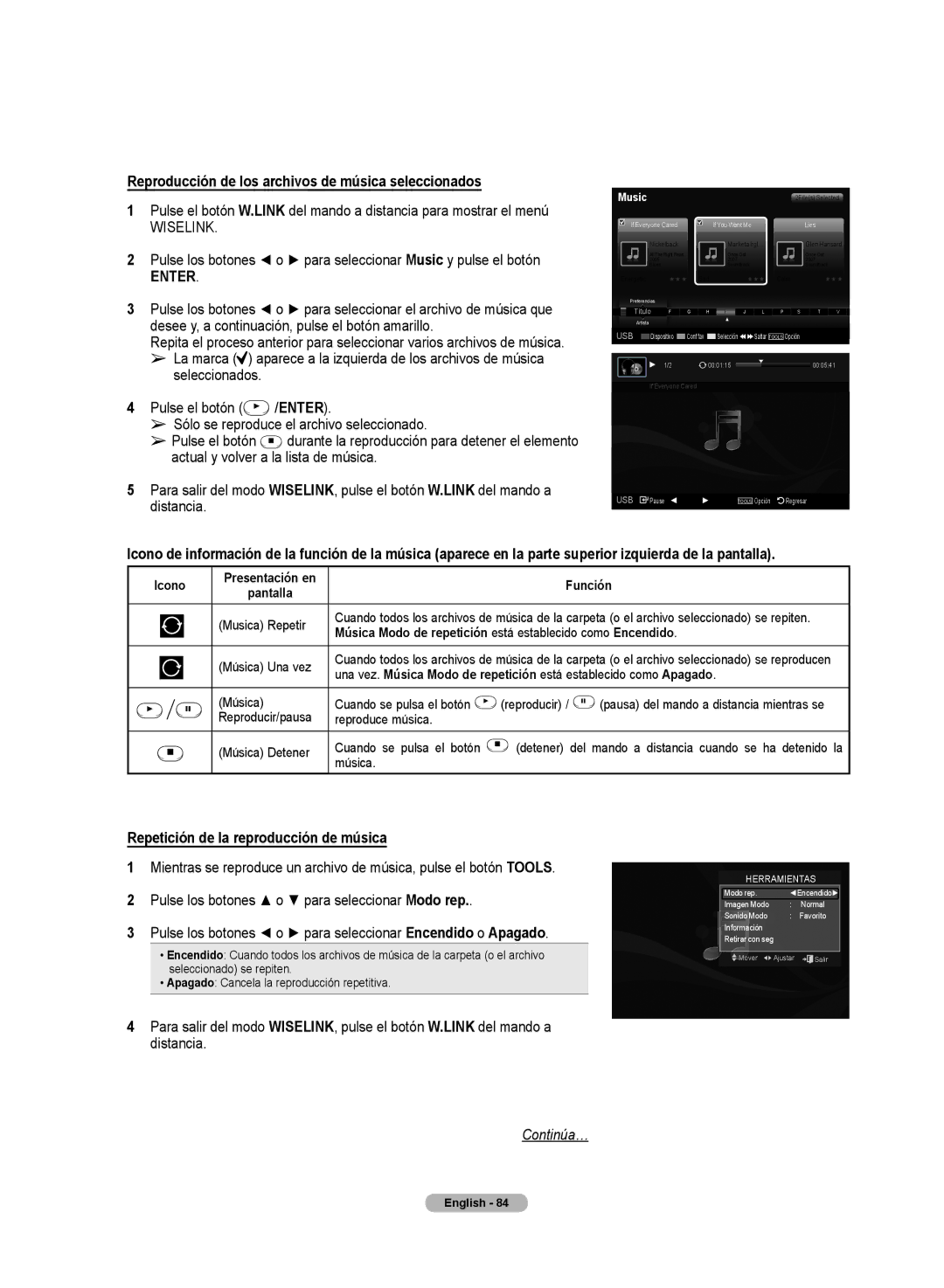 Samsung HL72A650C1F Reproducción de los archivos de música seleccionados, Repetición de la reproducción de música, Música 