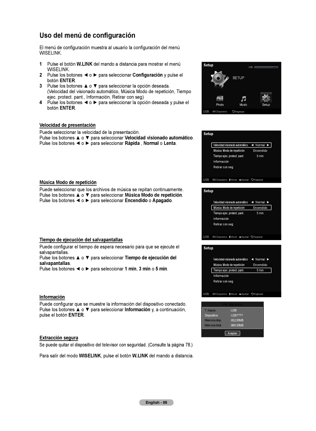 Samsung HL72A650C1F user manual Uso del menú de configuración, Velocidad de presentación, Música Modo de repetición 