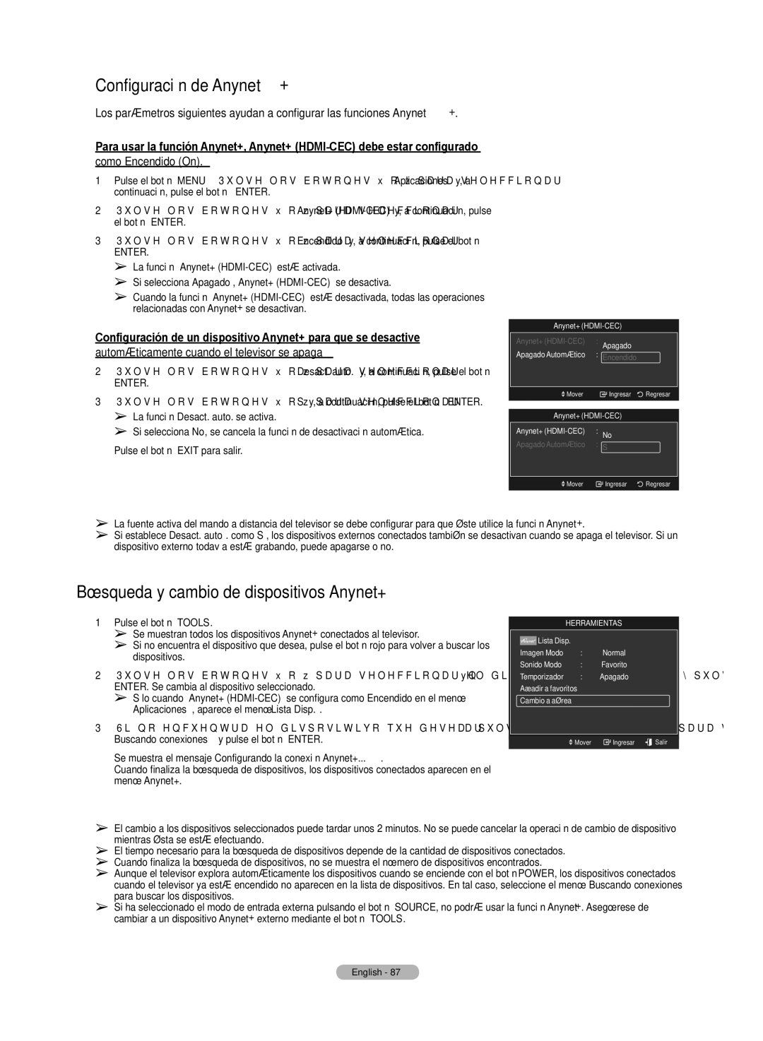 Samsung HL72A650C1F user manual Configuración de Anynet+, Búsqueda y cambio de dispositivos Anynet+, Anynet+ HDMI-CEC 