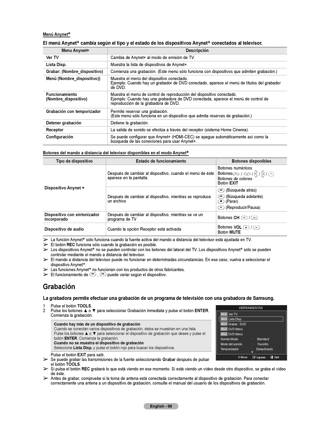 Samsung HL72A650C1F user manual Grabación 