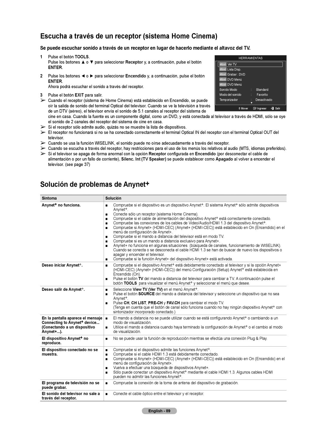 Samsung HL72A650C1F user manual Escucha a través de un receptor sistema Home Cinema, Solución de problemas de Anynet+ 