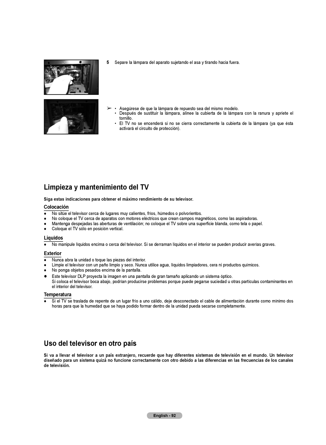 Samsung HL72A650C1F user manual Limpieza y mantenimiento del TV, Uso del televisor en otro país 