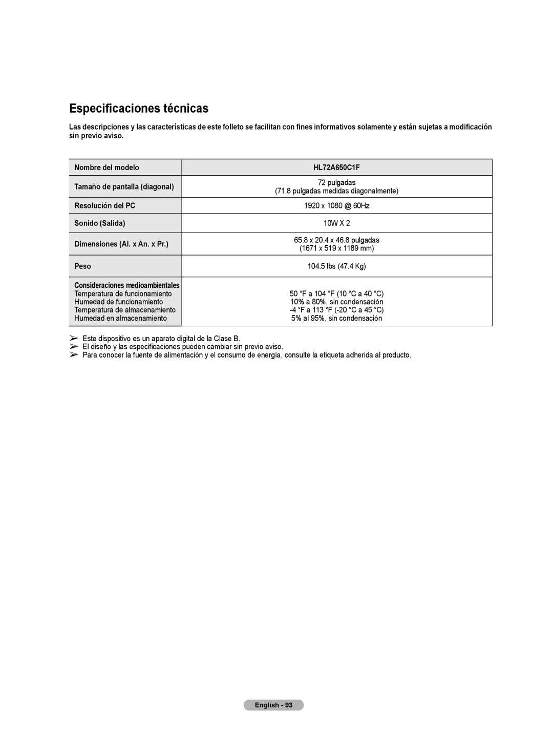 Samsung HL72A650C1F user manual Especificaciones técnicas, Resolución del PC, Sonido Salida, Peso 