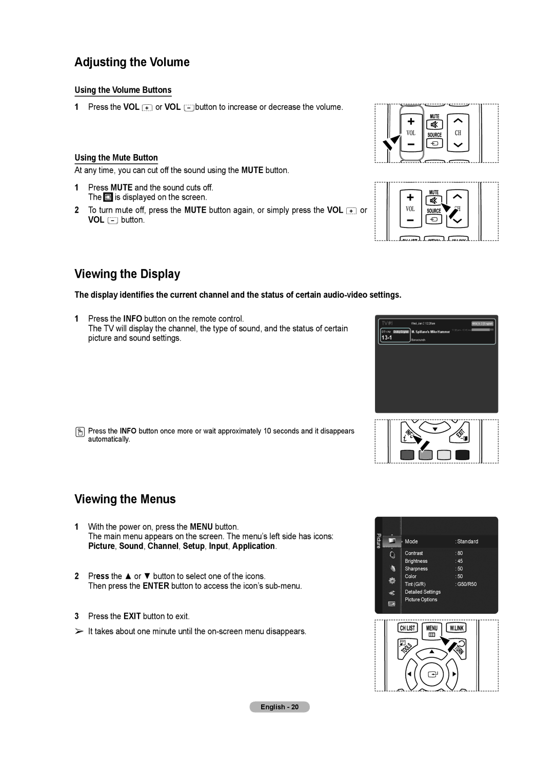 Samsung HL72A650C1F user manual Adjusting the Volume, Viewing the Display, Viewing the Menus, Using the Volume Buttons 