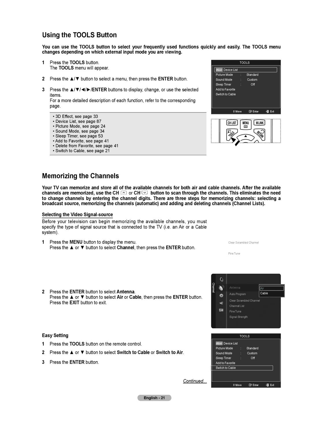 Samsung HL72A650C1F Using the Tools Button, Memorizing the Channels, Selecting the Video Signal-source, Easy Setting 