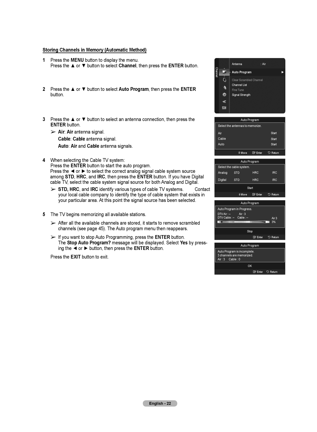 Samsung HL72A650C1F Storing Channels in Memory Automatic Method, TV begins memorizing all available stations, Auto Program 