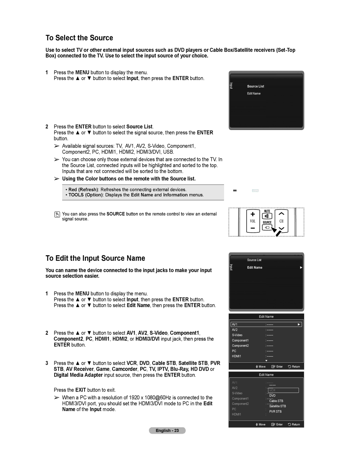 Samsung HL72A650C1F user manual To Select the Source, To Edit the Input Source Name 