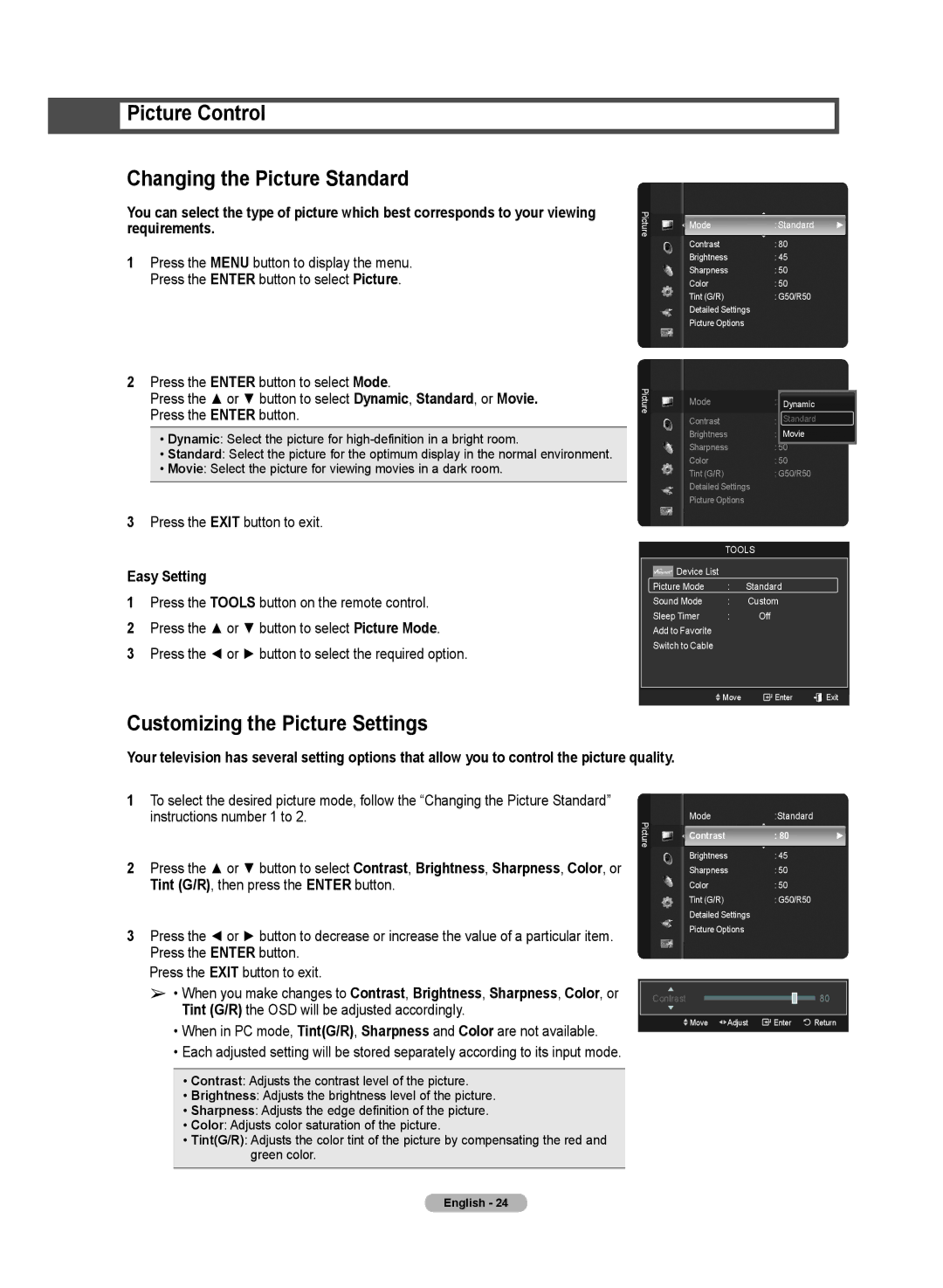 Samsung HL72A650C1F user manual Picture Control Changing the Picture Standard, Customizing the Picture Settings 