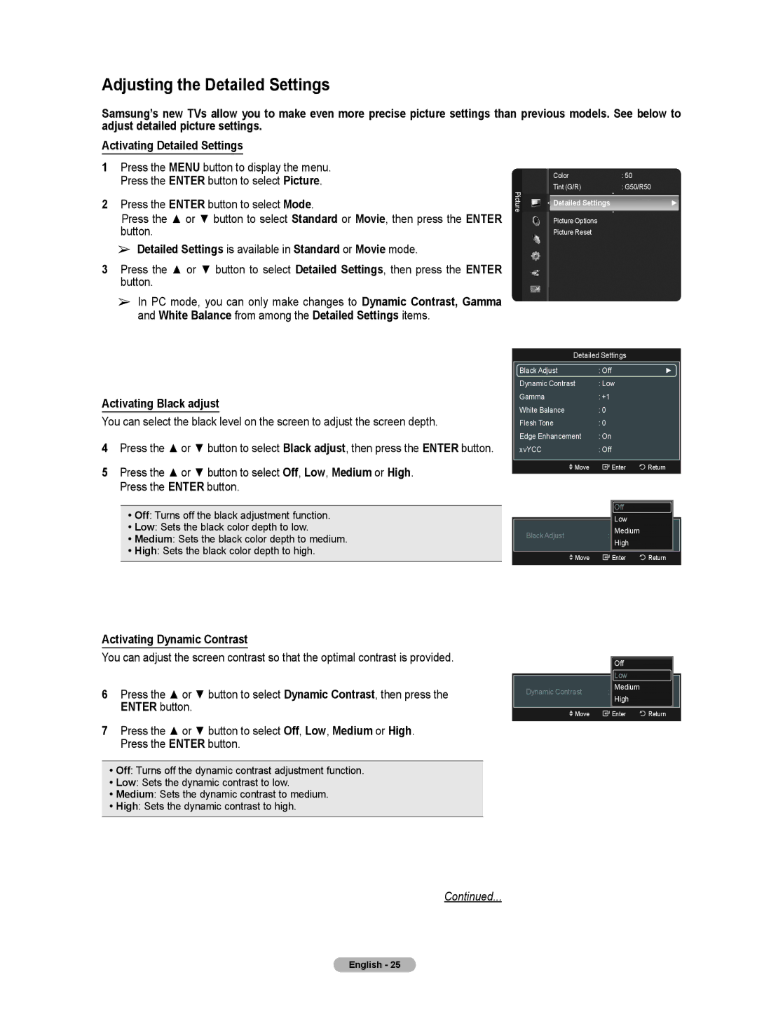 Samsung HL72A650C1F user manual Adjusting the Detailed Settings, Detailed Settings is available in Standard or Movie mode 