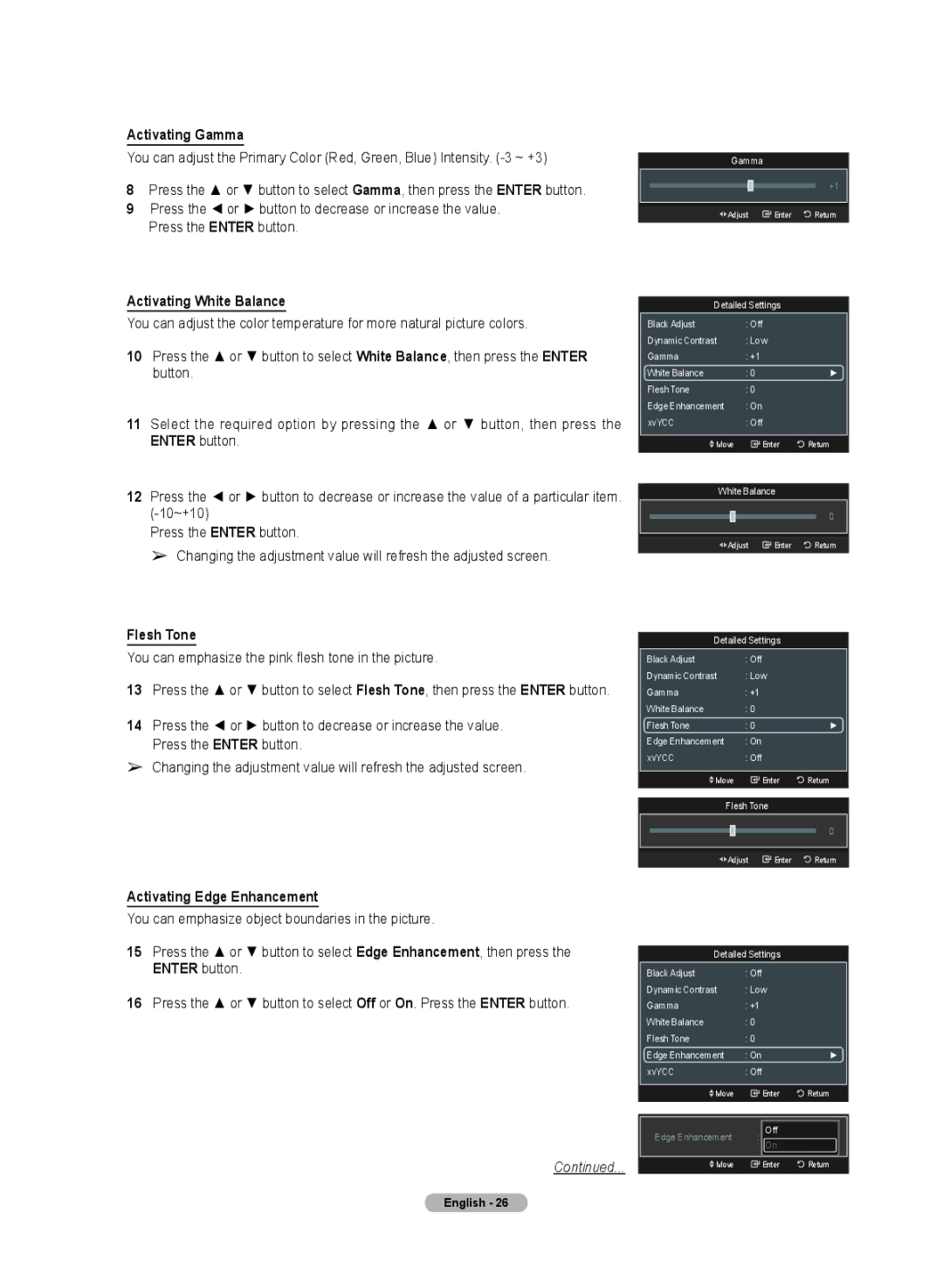 Samsung HL72A650C1F user manual Activating Gamma, Activating White Balance, Flesh Tone, Activating Edge Enhancement 