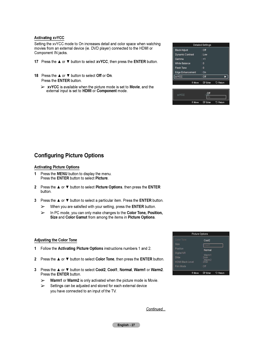 Samsung HL72A650C1F Configuring Picture Options, Activating xvYCC, Activating Picture Options, Adjusting the Color Tone 