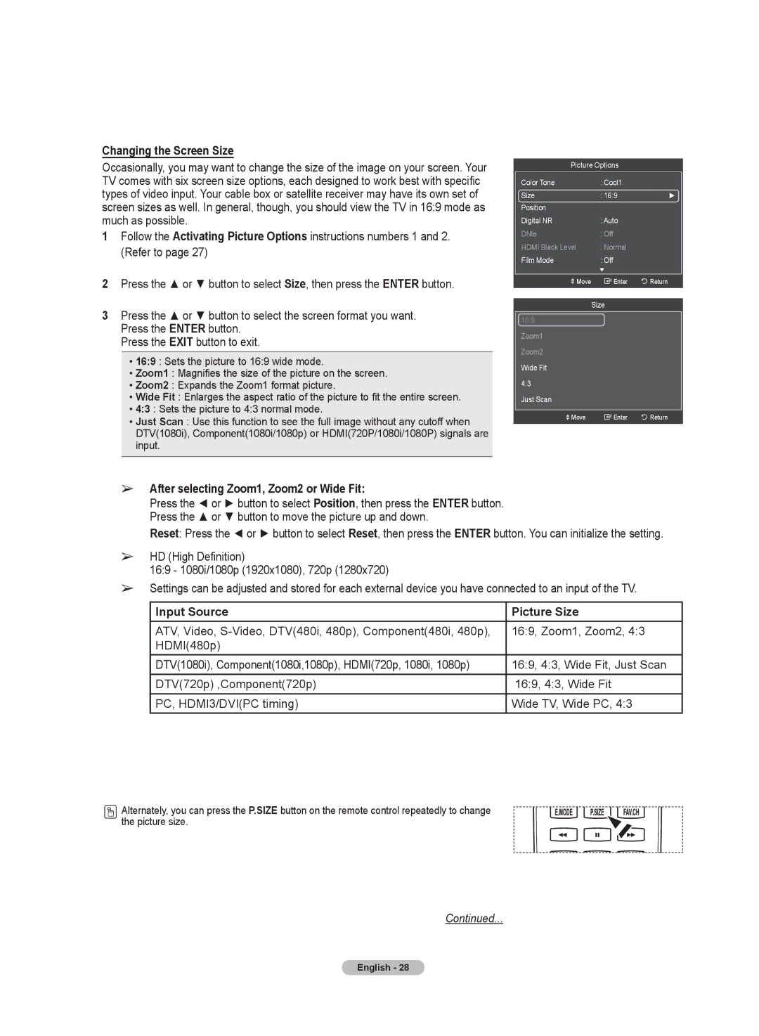 Samsung HL72A650C1F Changing the Screen Size, After selecting Zoom1, Zoom2 or Wide Fit, Input Source Picture Size 