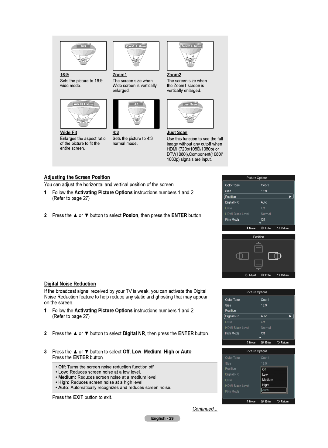 Samsung HL72A650C1F user manual Adjusting the Screen Position, Digital Noise Reduction 