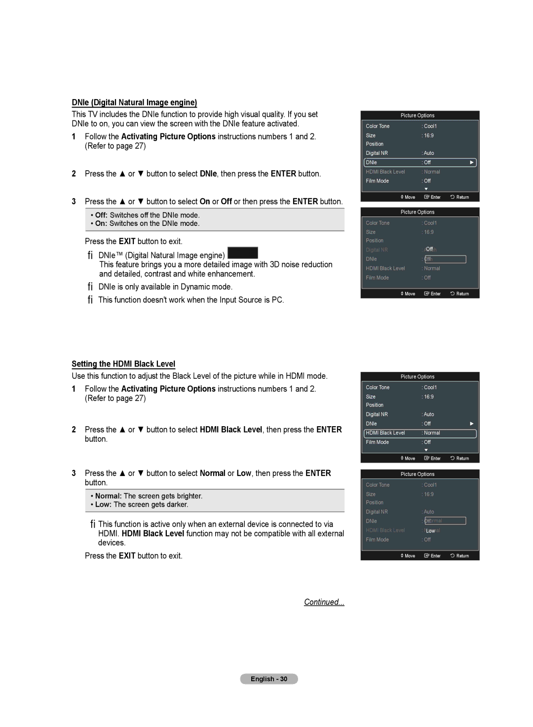 Samsung HL72A650C1F user manual DNIe Digital Natural Image engine, Setting the Hdmi Black Level 