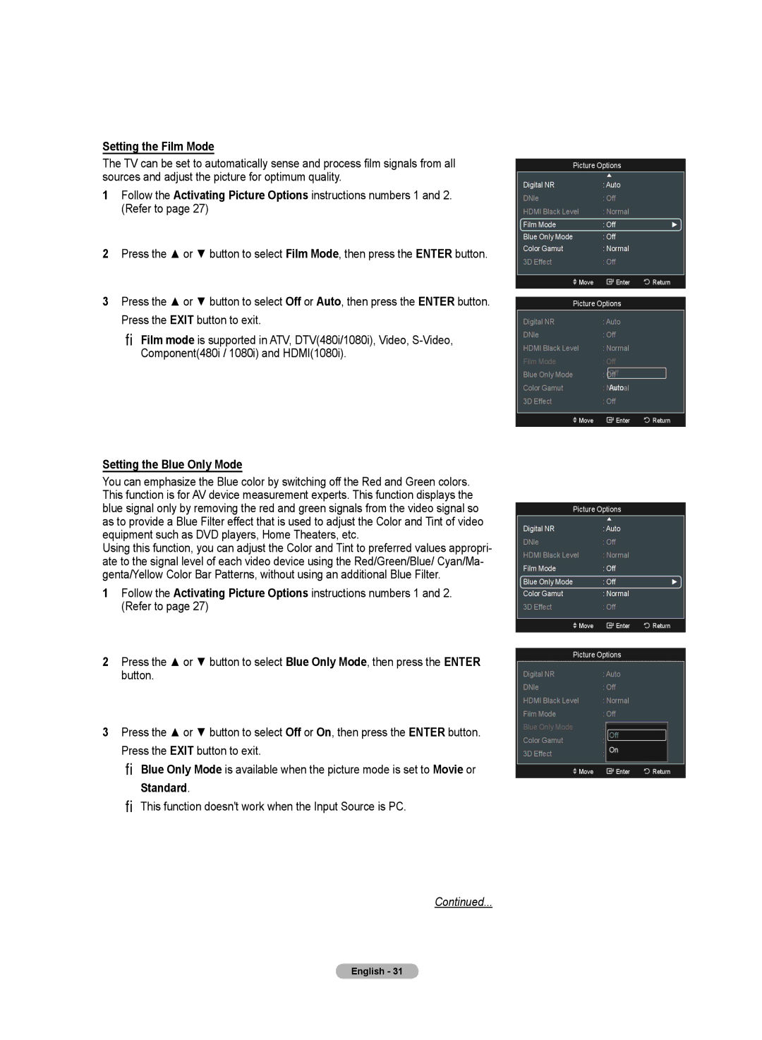 Samsung HL72A650C1F user manual Setting the Film Mode, Setting the Blue Only Mode 