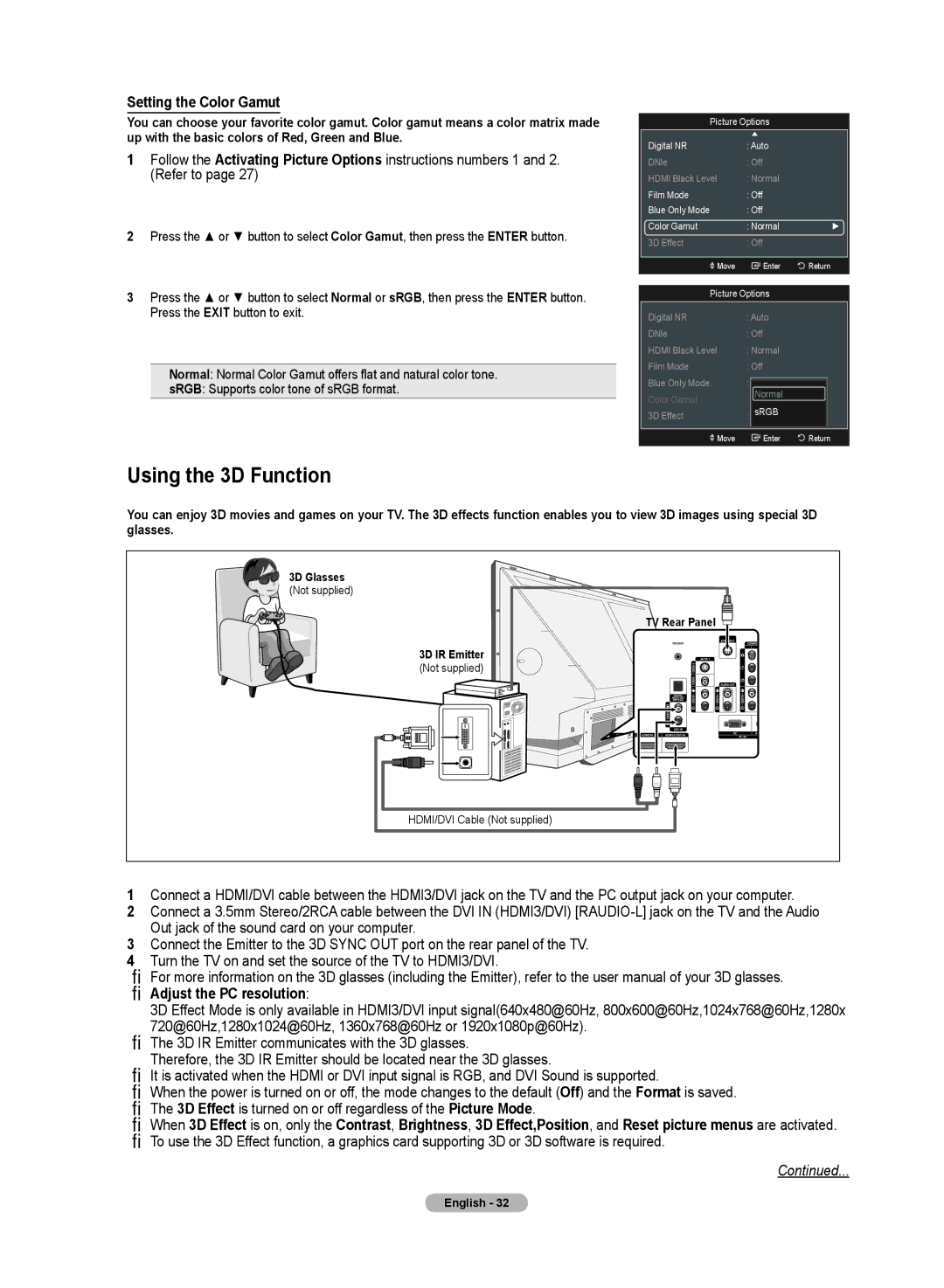 Samsung HL72A650C1F user manual Using the 3D Function, Setting the Color Gamut, Adjust the PC resolution 