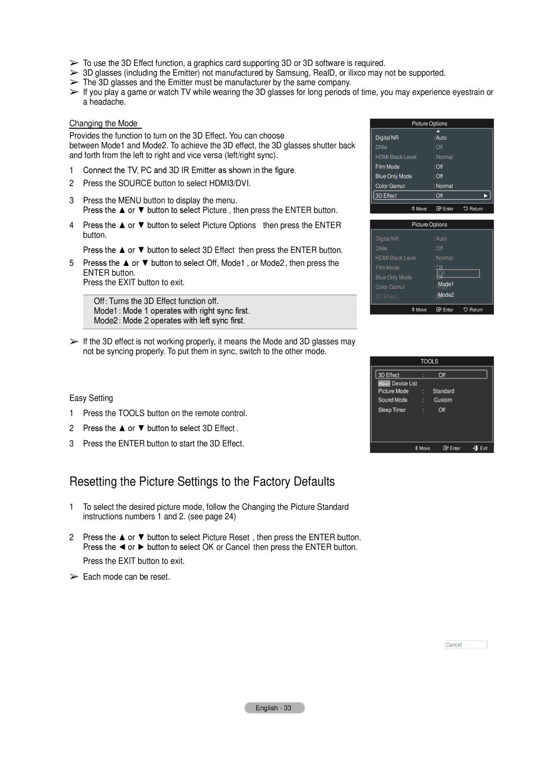 Samsung HL72A650C1F user manual Resetting the Picture Settings to the Factory Defaults, Changing the Mode, Picture Reset 