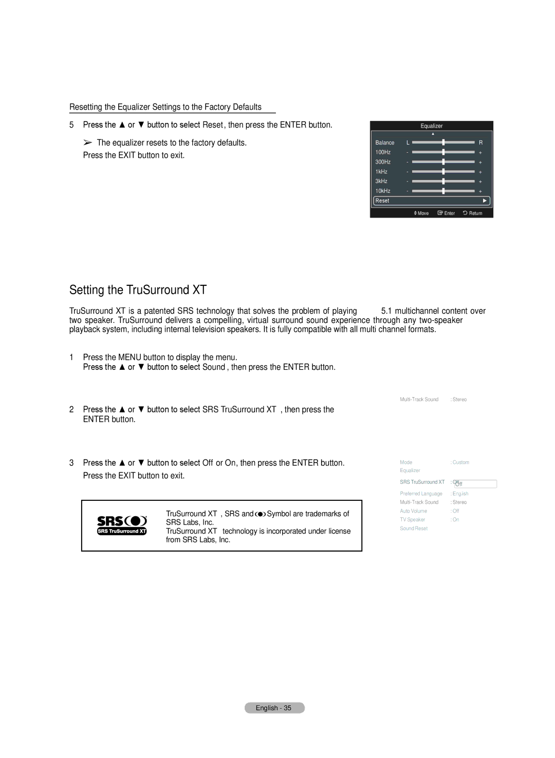 Samsung HL72A650C1F Setting the TruSurround XT, Resetting the Equalizer Settings to the Factory Defaults, Enter button 