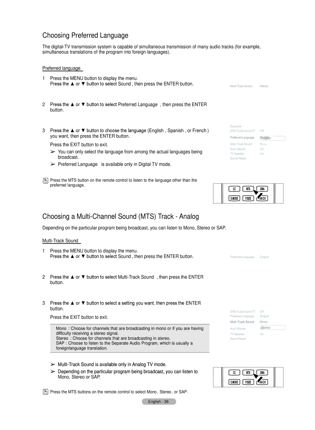 Samsung HL72A650C1F Choosing Preferred Language, Choosing a Multi-Channel Sound MTS Track Analog, Multi-Track Sound Stereo 