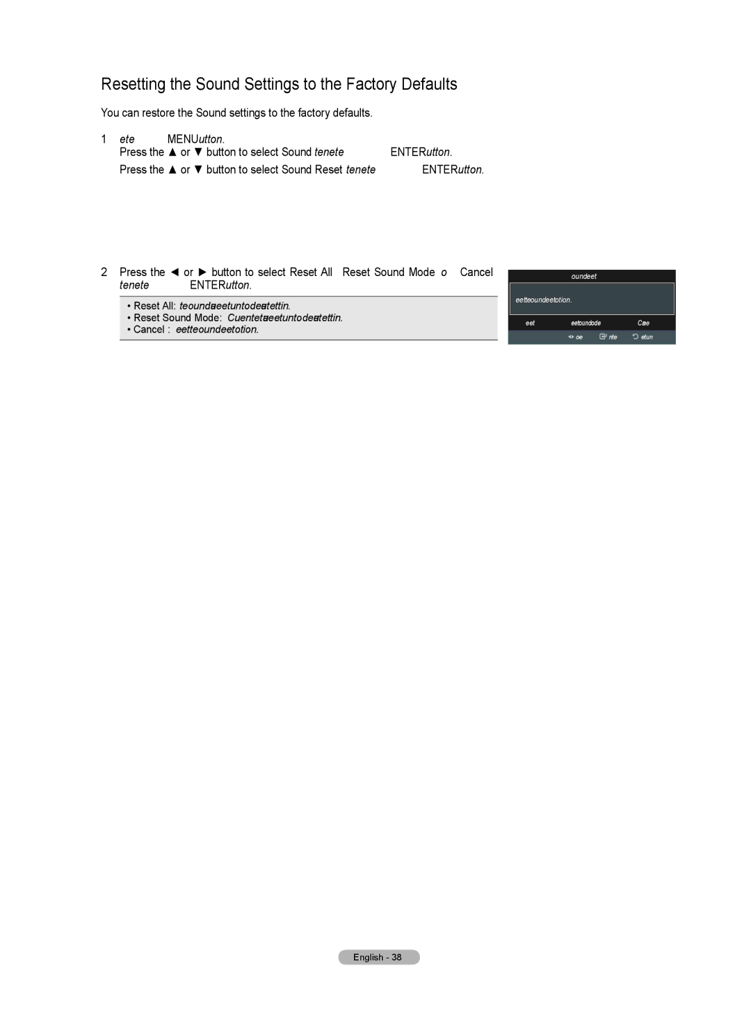 Samsung HL72A650C1F user manual Resetting the Sound Settings to the Factory Defaults, Press the Menu button, Sound Reset 