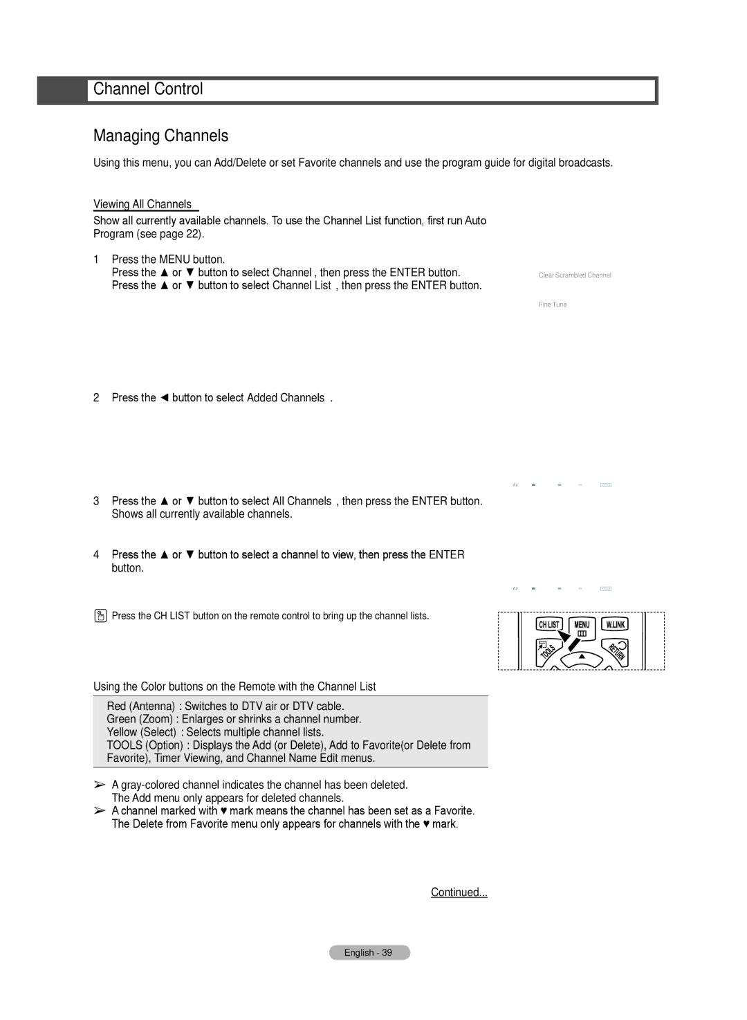 Samsung HL72A650C1F user manual Channel Control Managing Channels, Press the button to select Added Channels, Channel List 