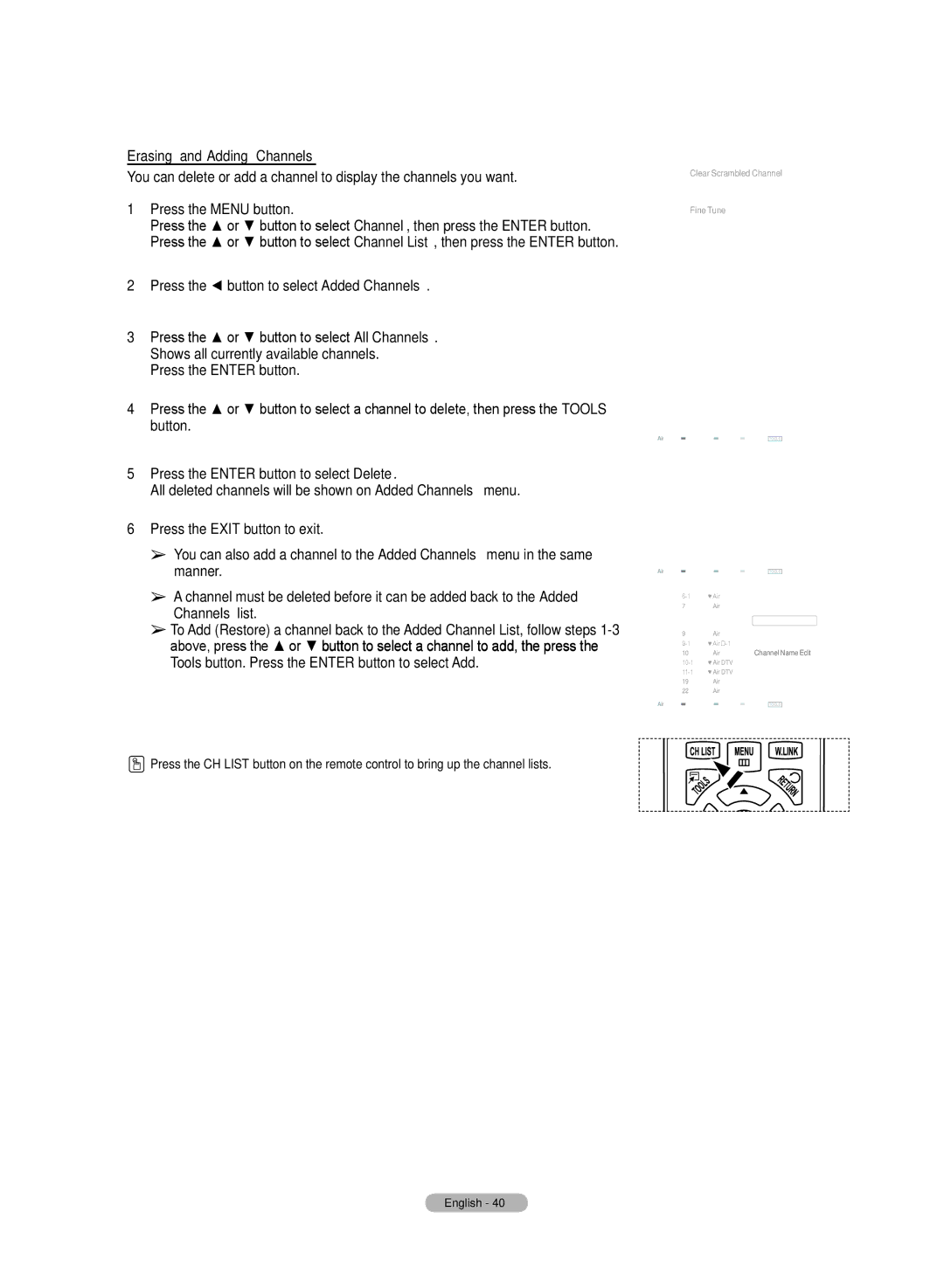 Samsung HL72A650C1F user manual Erasing and Adding Channels, Air D-2 