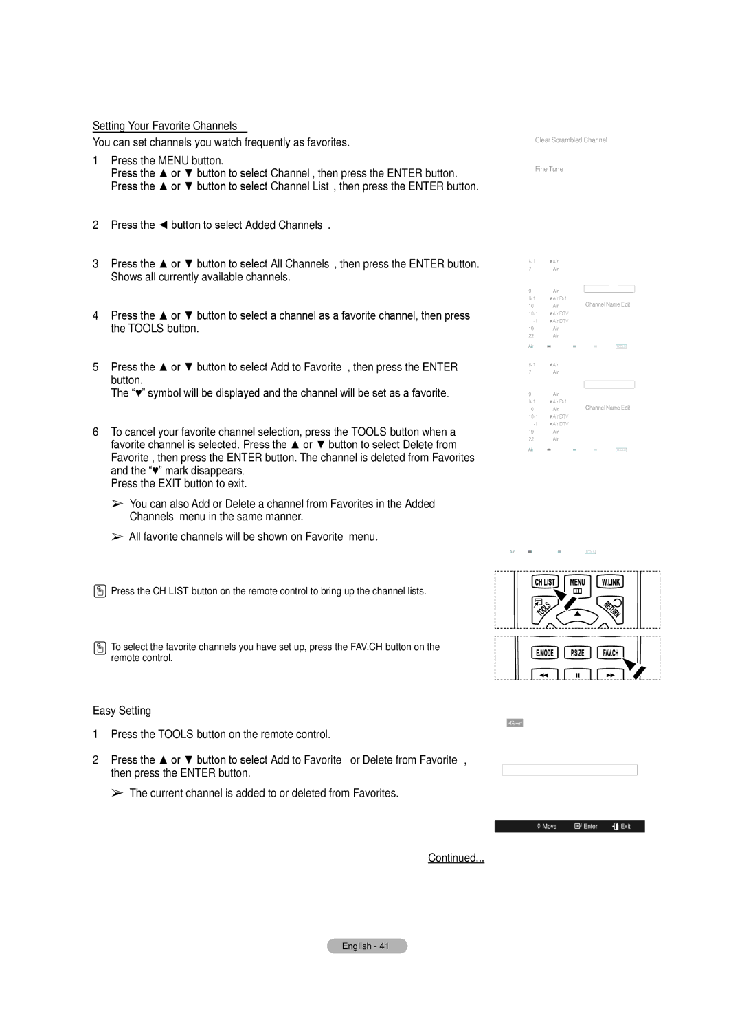 Samsung HL72A650C1F user manual Setting Your Favorite Channels, Easy Setting 