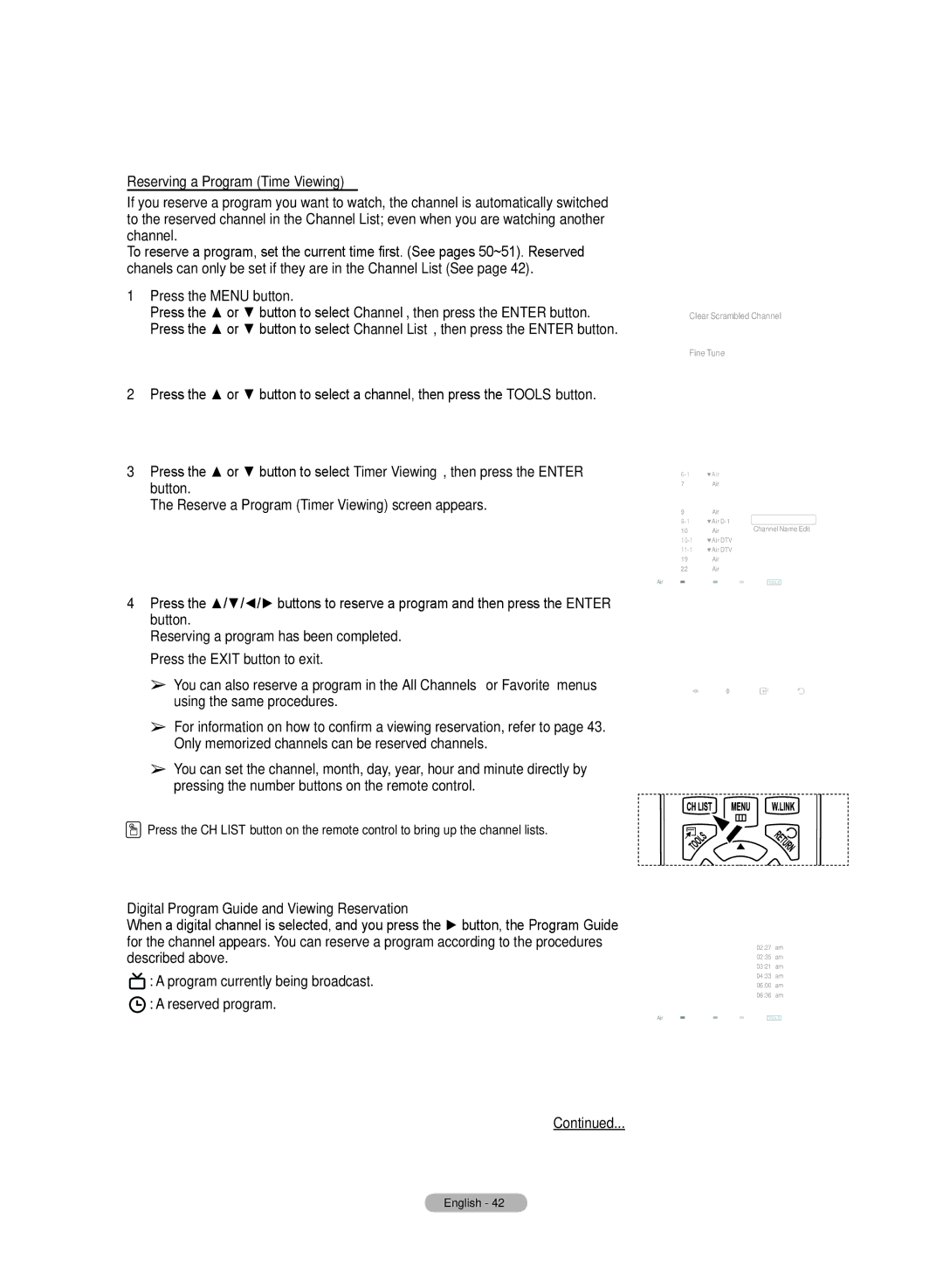 Samsung HL72A650C1F user manual Reserving a Program Time Viewing, Digital Program Guide and Viewing Reservation 