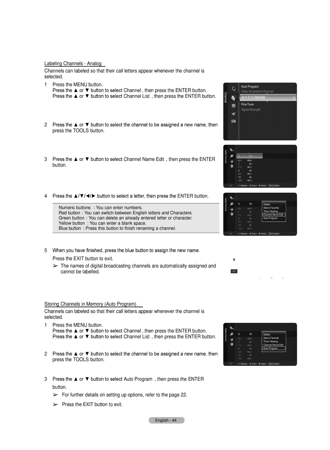 Samsung HL72A650C1F user manual Labeling Channels Analog, Storing Channels in Memory Auto Program 