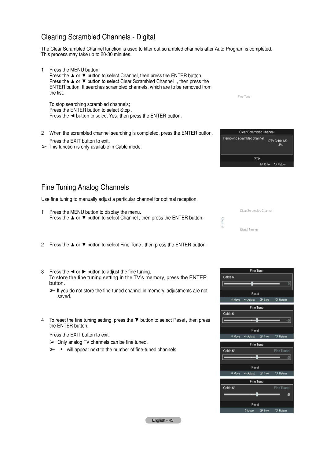 Samsung HL72A650C1F Clearing Scrambled Channels Digital, Fine Tuning Analog Channels, Clear Scrambled Channel, Fine Tune 