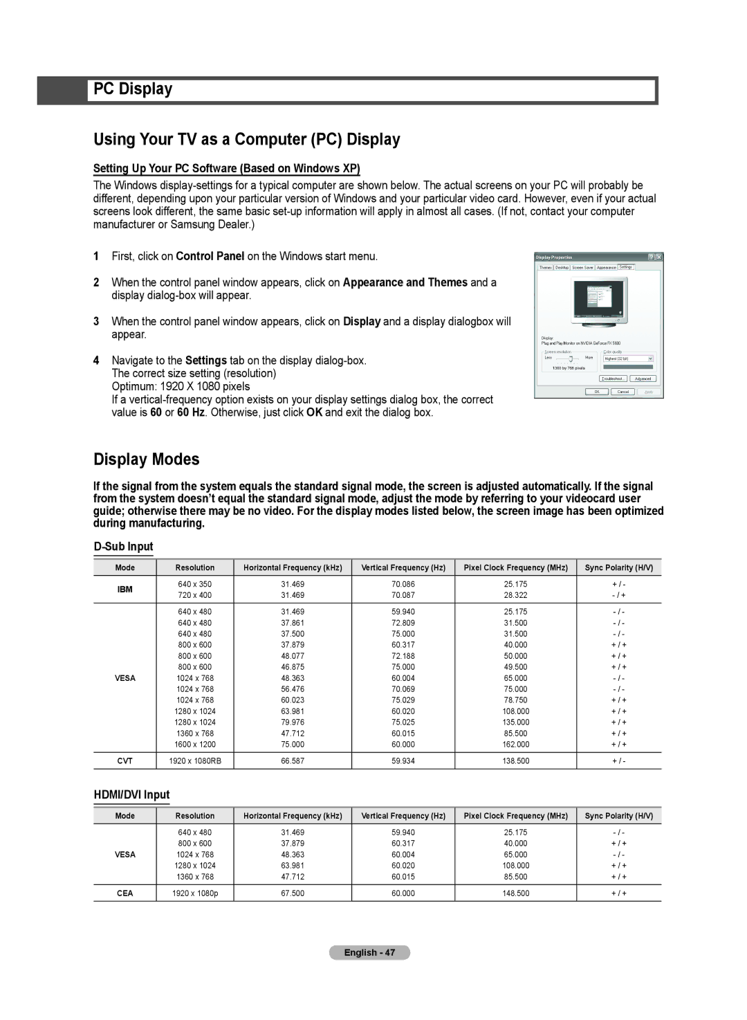 Samsung HL72A650C1F user manual PC Display Using Your TV as a Computer PC Display, Display Modes, HDMI/DVI Input 