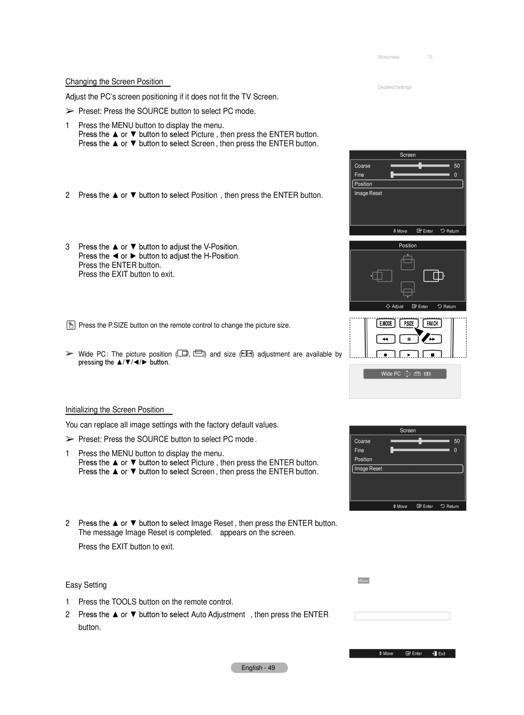 Samsung HL72A650C1F user manual Screen Coarse Fine Position Image Reset 